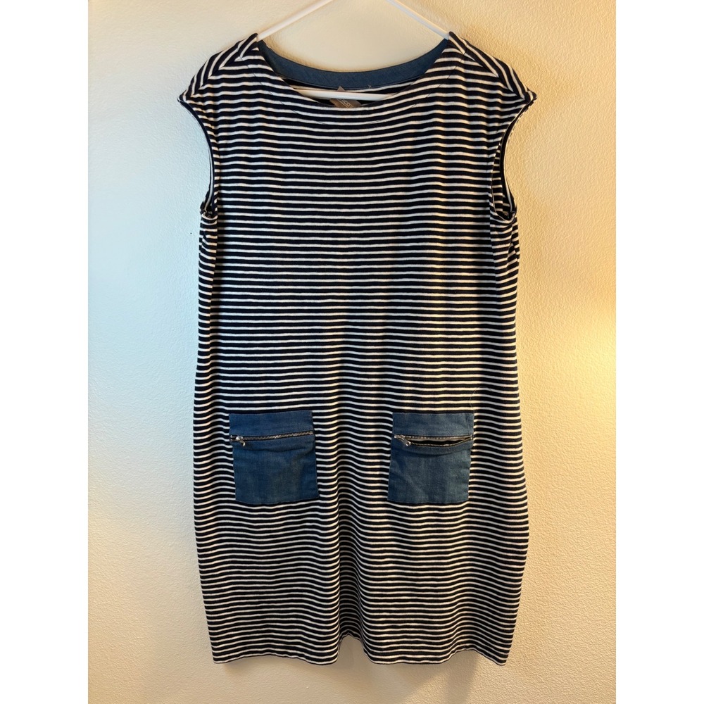 Chicos Navy White Striped Sleeveless Shift Dress Denim Zip Pockets Size 2 L